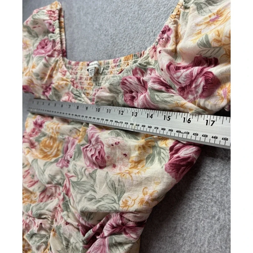 American Eagle Floral Ruched‎ Mini Dress Linen Cotton Puff Sleeve Cottagecore M
